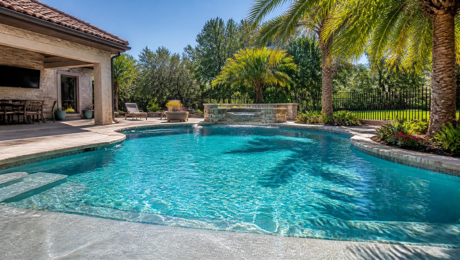 Sparkling clean backyard swimming pool serviced by JB Pool Pros in Dallas-Fort Worth