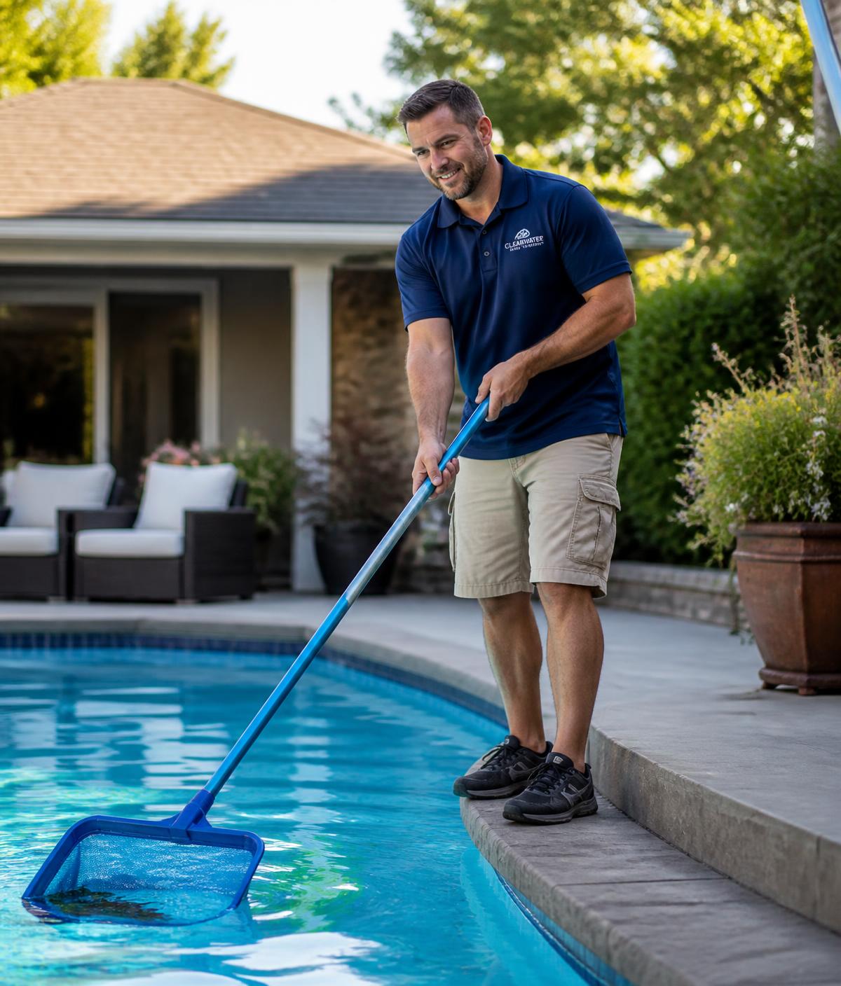 JB Pool Pros technician skimming a backyard pool in the Dallas-Fort Worth area